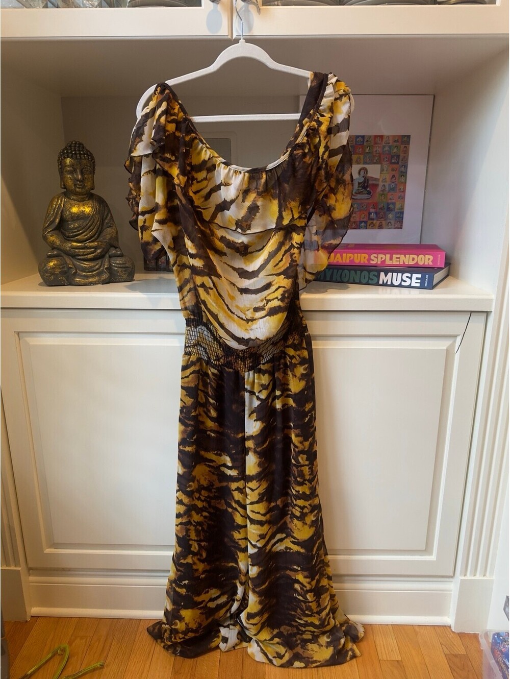 Venezuelan Designer One Shoulder Ruffle Wide Leg Jumpsuit Animal Print